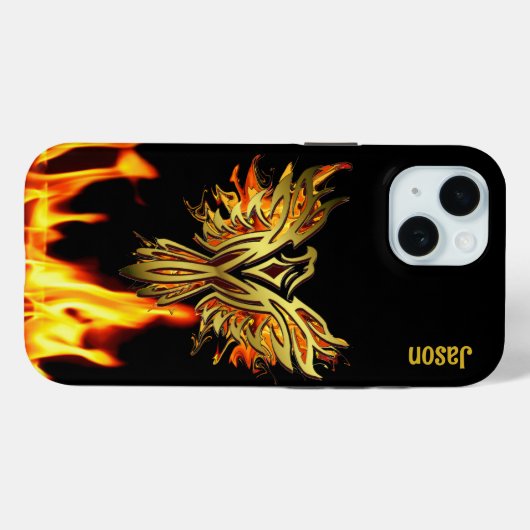 Pour iPhone 15 Phoenix flammé sur Coque noir-mat (Verso (horizontal))