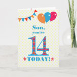 Pour la carte Son 14th Birthday Bunting Balloons<br><div class="desc">Carte d'anniversaire colorée pour un fils de 14 ans, Le grand numéro 14 est rempli d'un motif orange, rouge et bleu, surligné de bleu vif. Il y a des ballons et du bunting en haut, dans des couleurs assorties et l'accueil à la couverture est : "Mon fils, tu as 14...</div>