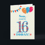 Pour la carte Son 16th Birthday Bunting Balloons<br><div class="desc">Carte d'anniversaire colorée pour un fils de 16 ans, Le grand numéro 16 est rempli d'un motif orange, rouge et bleu, surligné de bleu vif. Il y a des ballons et du bunting en haut, dans des couleurs assorties et l'accueil à la couverture est : "Mon fils, tu as 16...</div>
