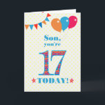Pour la carte Son 17th Birthday Bunting and Balloo<br><div class="desc">Carte d'anniversaire colorée pour un fils de 17 ans, Le grand numéro 17 est rempli d'un motif orange, rouge et bleu, surligné de bleu vif. Il y a des ballons et du bunting en haut, dans des couleurs assorties et l'accueil à la couverture est : "Mon fils, tu as 17...</div>