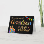 Pour Les Bougies Chic Grandson, Carte D'Anniversai<br><div class="desc">Une carte d'anniversaire brillante et colorée pour un petit-fils de n'importe quel âge, avec bougies de gâteau d'anniversaire, Bunting et Stars et le mot, "petit-fils" en lettres à motifs, souligné en effet or (pas d'encre métallique) et Joyeux anniversaire, également en effet or, le tout sur un arrière - plan noir....</div>