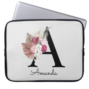 Pour Ordinateur Portable Moderne Rose Boho Féminin Floral Initiale A Housse