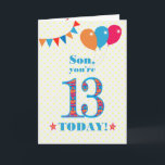 Pour Son 13e Anniversaire Carte Ballons Bunting<br><div class="desc">Carte d'anniversaire colorée pour un fils de 13 ans, Le grand numéro 13 est rempli d'un motif orange, rouge et bleu, surligné de bleu vif. Il y a des ballons et du bunting en haut, dans des couleurs assorties et l'accueil à la couverture est : "Mon fils, tu as 13...</div>