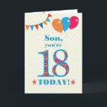Pour son 18e anniversaire Bunting et carte ballons<br><div class="desc">Carte d'anniversaire colorée pour un fils de 18 ans, Le grand numéro 18 est rempli d'un motif orange, rouge et bleu, surligné de bleu vif. Il y a des ballons et du bunting en haut, dans des couleurs assorties et l'accueil à la couverture est : "Mon fils, tu as 18...</div>