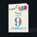 Pour Son 9e Anniversaire Bund et Carte Ballons<br><div class="desc">Une carte d'anniversaire colorée pour un fils de 9 ans avec le grand numéro 9 rempli d'un motif orange, rouge et bleu, surligné de bleu vif. Il y a des ballons et du bunting en haut, dans des couleurs assorties et l'accueil à la couverture est : "Mon fils, tu as...</div>