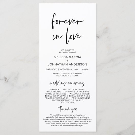 Pour toujours amoureux, programme de mariage minim (Devant)