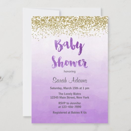 Pourpre et invitation de baby shower d'or (Devant)