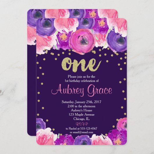 pourpre et première invitation d'anniversaire d'or (Devant / Derrière)