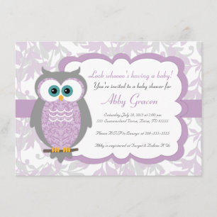 Pourpre, gris, invitations de baby shower de hibou
