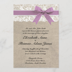 Pourpre rustique de faire-part de mariage de toile