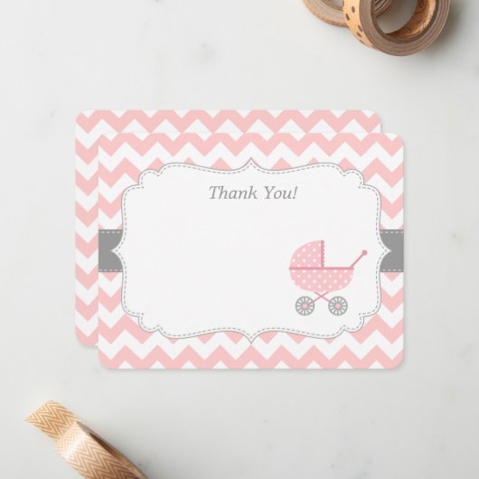 Poussette Chevron Rose Blanc Merci Cartes Note (Devant/Arrière en situation)