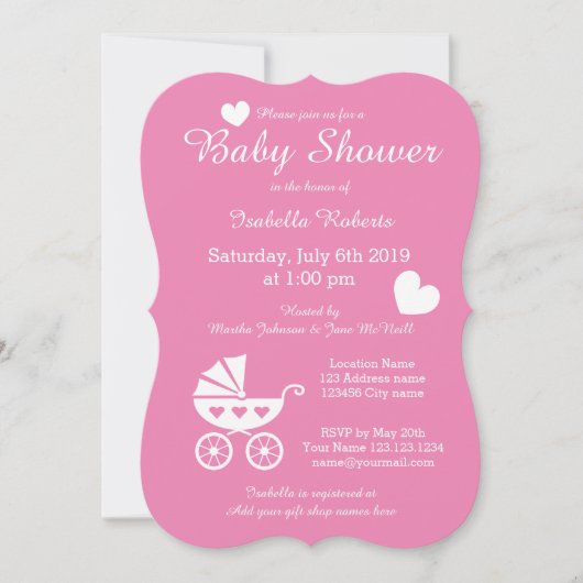 Poussette rose invitation bébé douche fille (Devant)