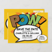POW Bewaar de datum Fun Retro Comic Book Pop Art Aankondigingskaart (Voorkant / Achterkant)