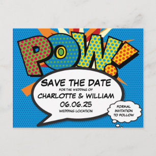 POW Bewaar de datum Leuke Retro Strip Pop Art Aankondigingskaart