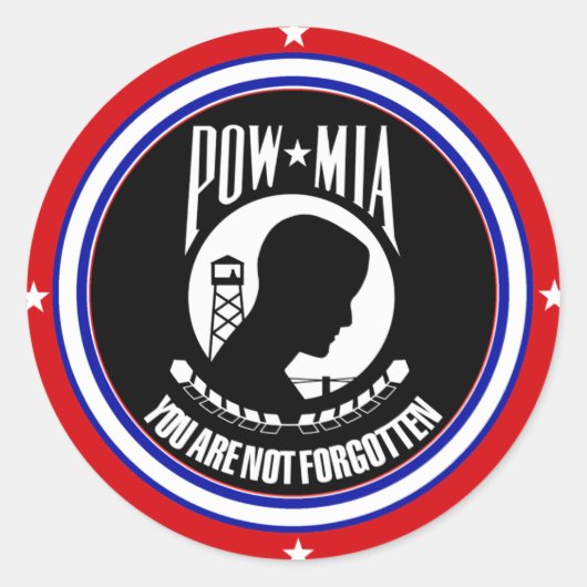 POW MIA - ROOD WIT EN BLAUW RONDE STICKER (Voorkant)