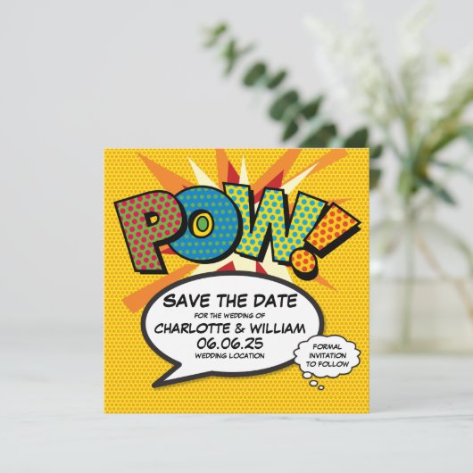 POW Save the Date Leuk Retro Strip Pop Art (Staand voorkant)