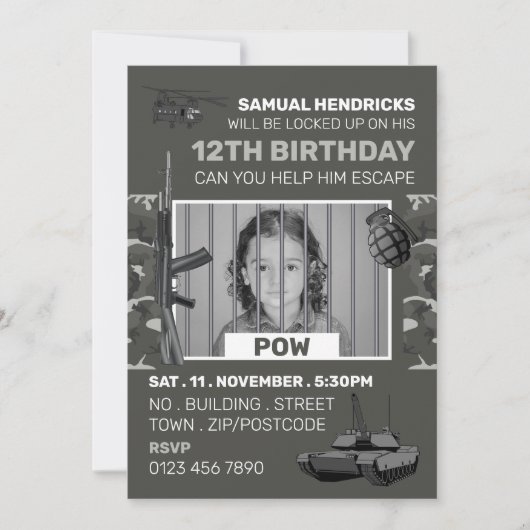 POW, War Threaded Escape Room, Birthday Party Kaart (Voorkant)