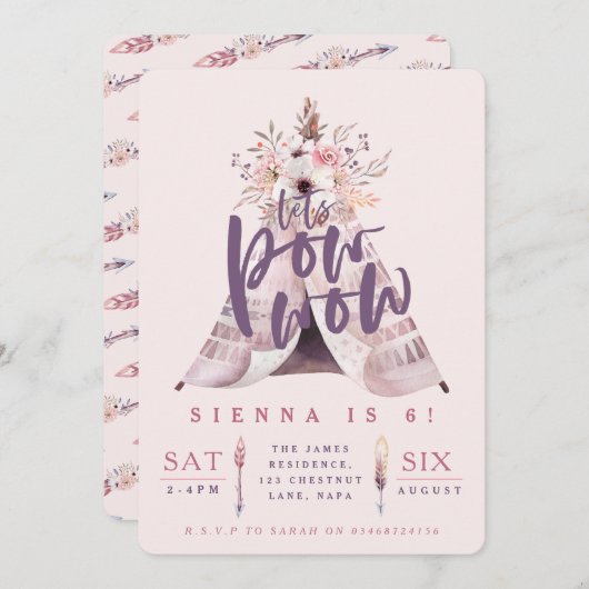 Pow wow de verjaardagsfeestje nodigt uit kaart (Voorkant / Achterkant)