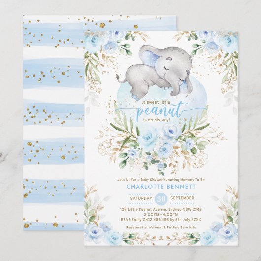 Powder Blue Elephant Boy Baby shower Kaart (Voorkant / Achterkant)