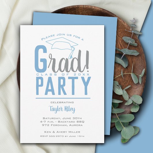 Powder Blue en Grey Graduparty Kaart