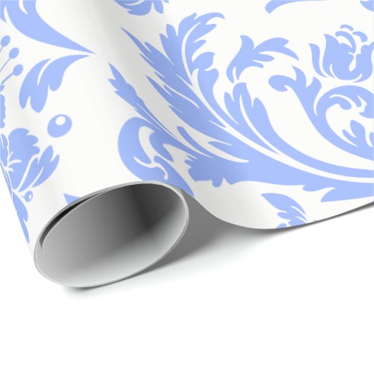 Powder-Blue en White Floral Dammaskers Cadeaupapier (Rol Hoek)