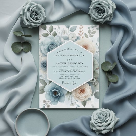 Powder Blue Floral Romance Wedding Kaart