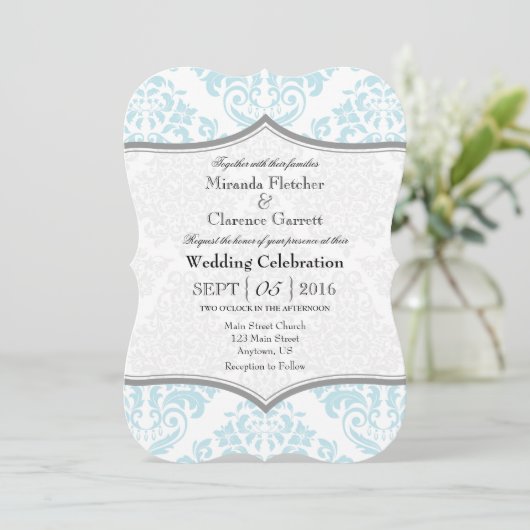 Powder Blue Grey Damask Bracket Weddenschap Invite Kaart (Staand voorkant)