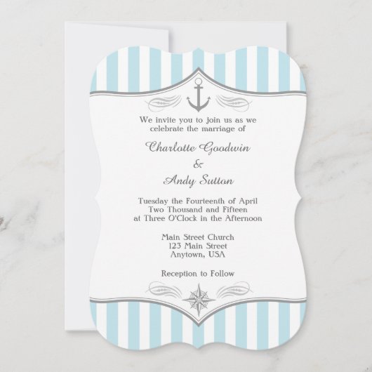 Powder Blue Grey Nautical Wedding Invitation Kaart (Voorkant)