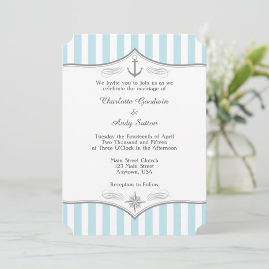 Powder Blue Grey Nautical Wedding Invitation Kaart (Staand voorkant)