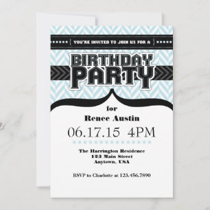 Powder Blue Herringbone Birthday Invite Kaart