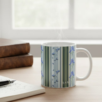 Powder Blue Teal Striped Floral Mug Koffiemok