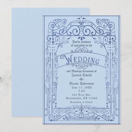 Powder Blue White  Victoriaans deco Wedding Kaart (Voorkant / Achterkant)
