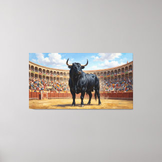 Powerful Black Bull in Spanish Plaza de Toros Canvas Afdruk