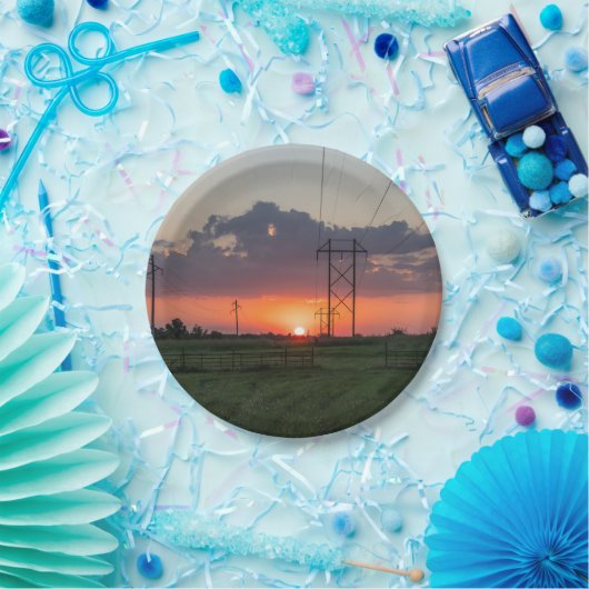 Powerline het Landschap van de Zonsondergang Papieren Bordje (Feest)