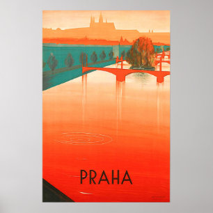 Praag, bruggen, vintage reizen poster