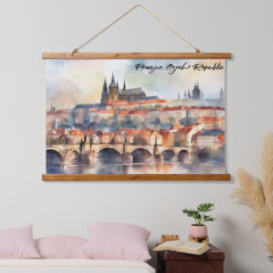 Praag Tsjechië Aquarel Panorama Uitzicht Hangend Wandkleed