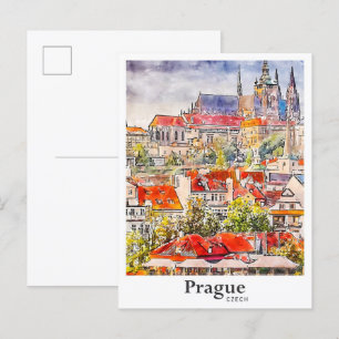 Praag Tsjechische Reis Waterverf Hand getekend Briefkaart