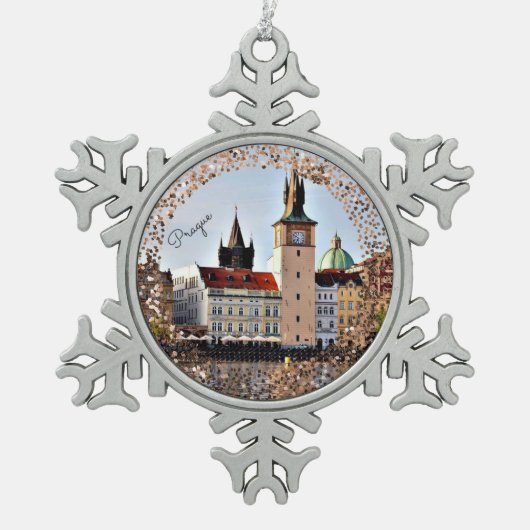 Praag, Tsjechische Republiek Snowflake Pewter Kers Tin Sneeuwvlok Ornament (Voorkant)