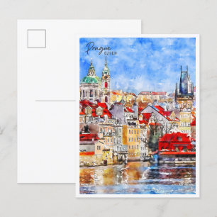 Praag Tsjechische vintage reizen waterverf Briefkaart