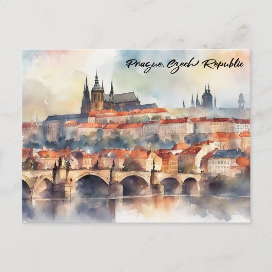 Praag Tsjechische Waterverf Panorama Uitzicht Briefkaart (Voorkant)
