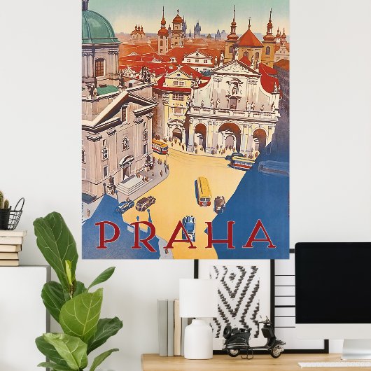 Praag, uitzicht in het centrum van de stad, oldtim poster (Thuiskantoor)
