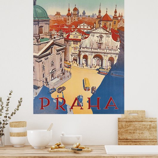 Praag, uitzicht in het centrum van de stad, oldtim poster (Keuken)