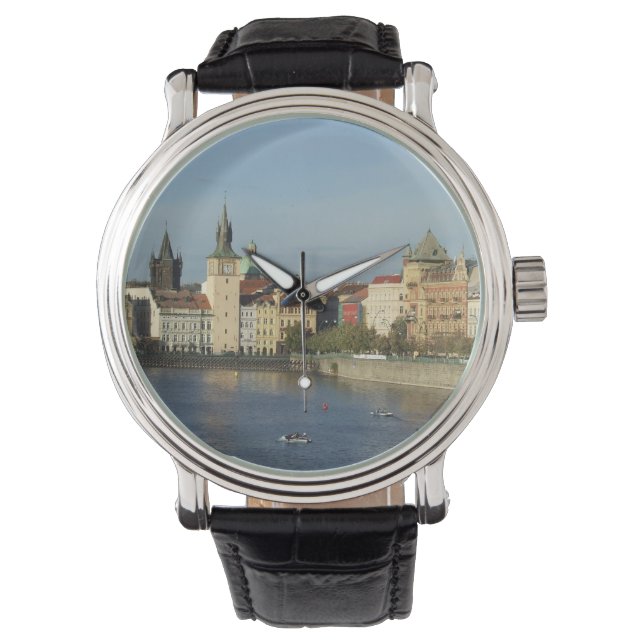 Praag zwart lederen vastgebonden horloge (Voorkant)