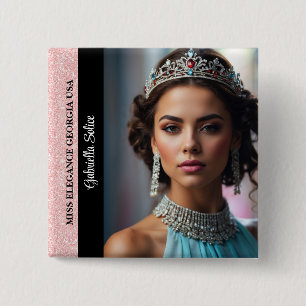 Pracht Foto Knop Speld Roze Goud Glitter Rand Vierkante Button 5,1 Cm