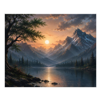 Prachtig bergmeer zonsondergang canvas wandkunst foto afdruk