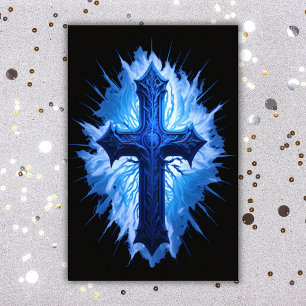 Prachtig blauw Christelijk kruis op zwart Foto Afdruk