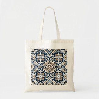 Prachtig blauw en bruin batik bloemmotief tote bag