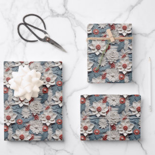Prachtig Blauw Wit en Rood 3D Poinsettia Inpakpapier Vel