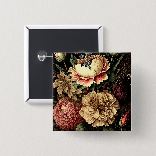 Prachtig  bloemstuk vierkante button 5,1 cm (Voorkant /achterkant)