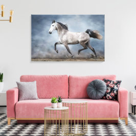 Prachtig grijs paard dramatisch hemels zandlandsch canvas afdruk